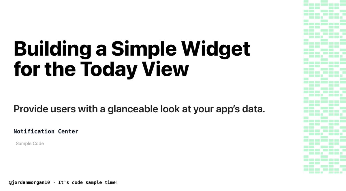 📱Today's code sample is from Notification Center📱

Building a Simple Widget for the Today View:
Provide users with a glanceable look at your app’s data.

👉developer.apple.com/documentation/…