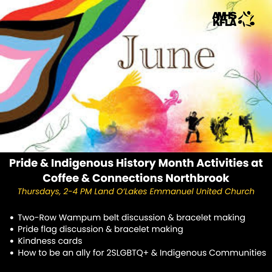 Join us Thursdays in #Northbrook for Coffee &amp; Connections, here's a look at our June activities, celebrating #PrideMonth and #NationalIndigenousHistoryMonth - all are welcome!