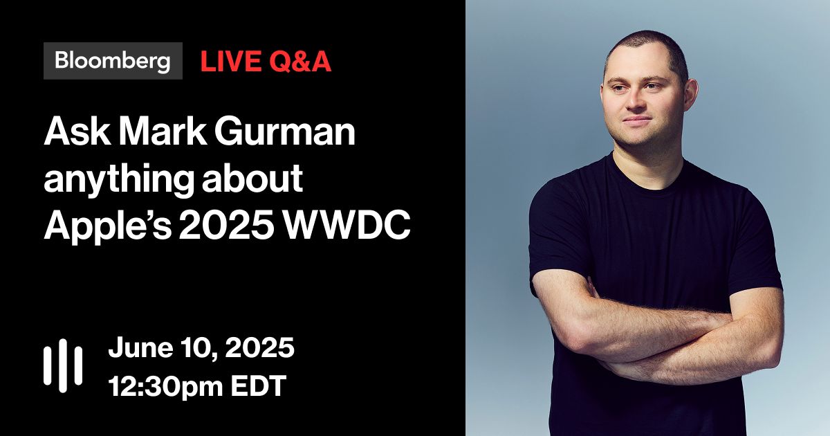 🎧 HAPPENING SOON: What's the reaction from consumers and investors to Apple's announcements at #WWDC25?

Bloomberg's <a href="/markgurman/">Mark Gurman</a> and <a href="/EdLudlow/">Ed Ludlow</a> answer all your Apple questions in a Live Q&amp;A at 12:30 p.m. EDT. Listen: bloom.bg/3TnB8mN