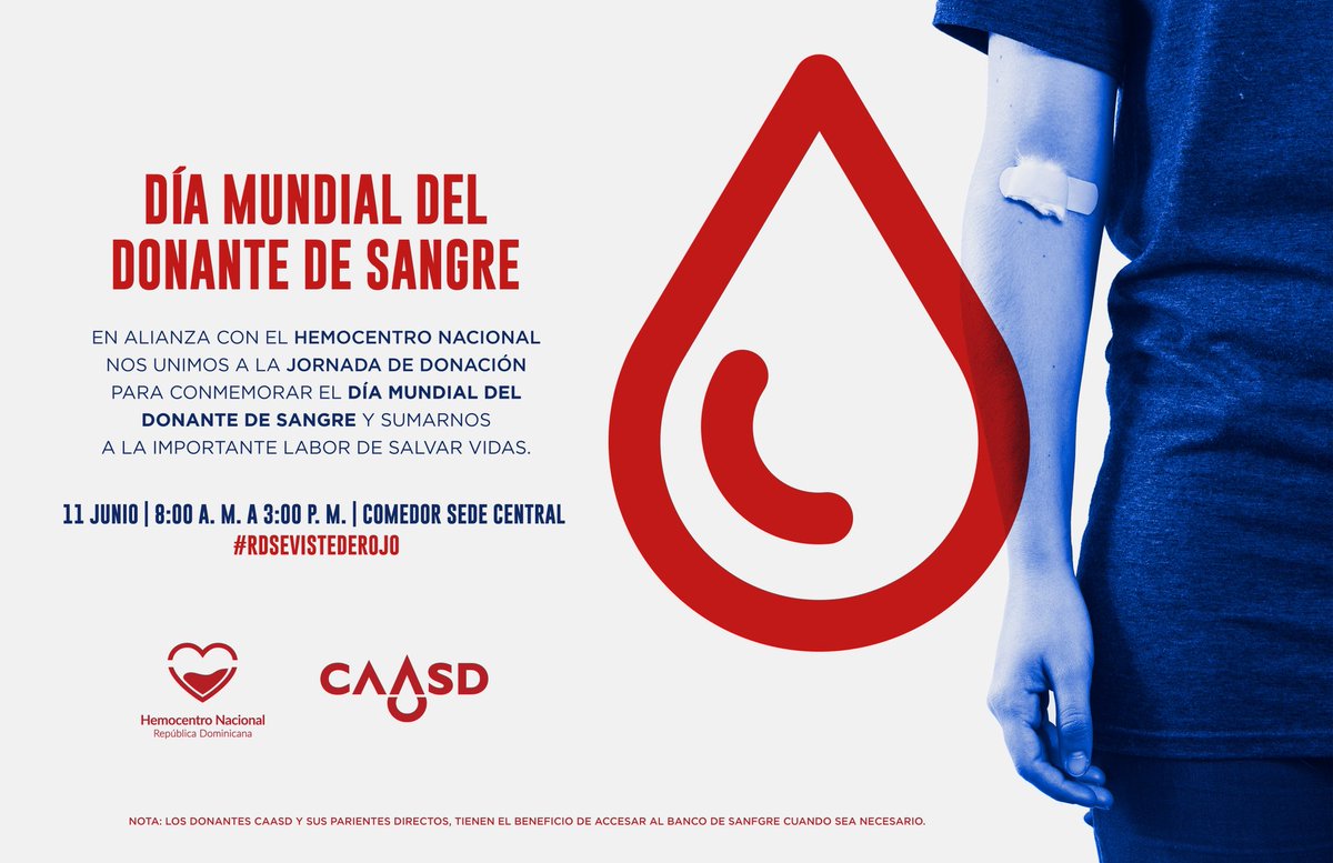En conmemoración del Día Mundial del Donante de Sangre, en alianza con el Hemocentro Nacional, realizamos una jornada de donación en nuestra sede central.

Este miércoles 11 de junio
De 8:00 a. m. a 3:00 p. m.
Comedor, sede central #CAASD