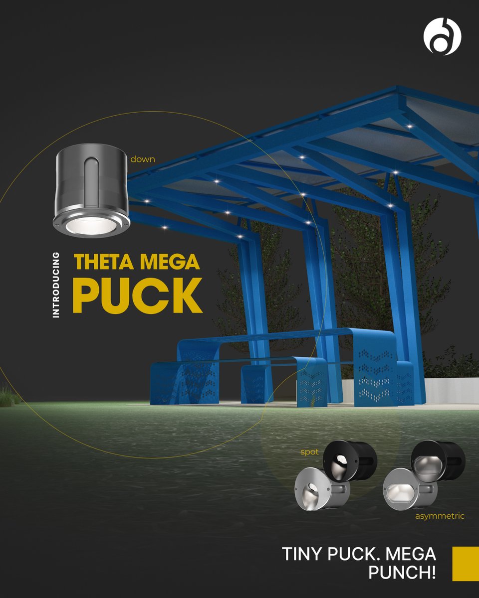 Introducing THETA Mega Puck; Tiny puck, mega punch! 
There are three versions of the Mega Puck. 
-Down is a 700 lm downlight
-Spot is a 700 lm bollard and post light
-Asymmetric is a 400 lm path luminaire, with a UGR<1%