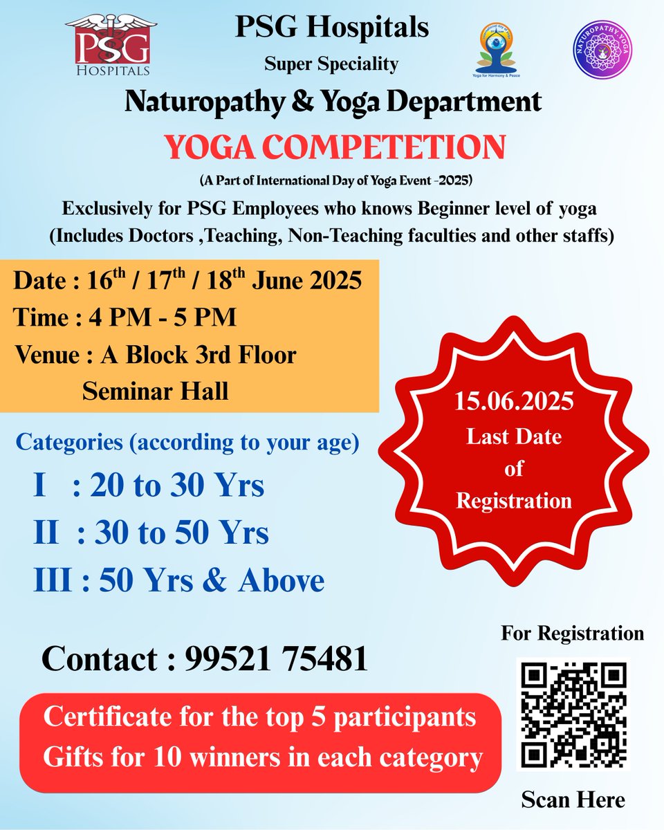 psghospitals's tweet image. 🧘‍♀️ Calling all PSG staff! Join our Yoga Competition (16–18 June, 4–5 PM, A‑Block 3rd Floor) for Beginner‑level yogis. 🧘‍♂️Prizes 🎁 for top 5 &amp;amp; gifts for 10 winners per age group!
#YogaChallenge #psgh #YogaAtWork #PSGHospitals