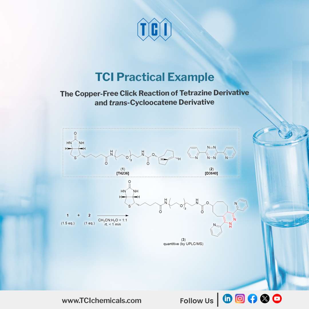 TCI is proud to present the copper-free click reaction using a tetrazine derivative and a 𝘵𝘳𝘢𝘯𝘴-cyclooctene (TCO) derivative. This reaction can proceed in a water/acetonitrile mixed solvent.

𝗟𝗲𝗮𝗿𝗻 𝗠𝗼𝗿𝗲:
tcichemicals.com/US/en/product/…