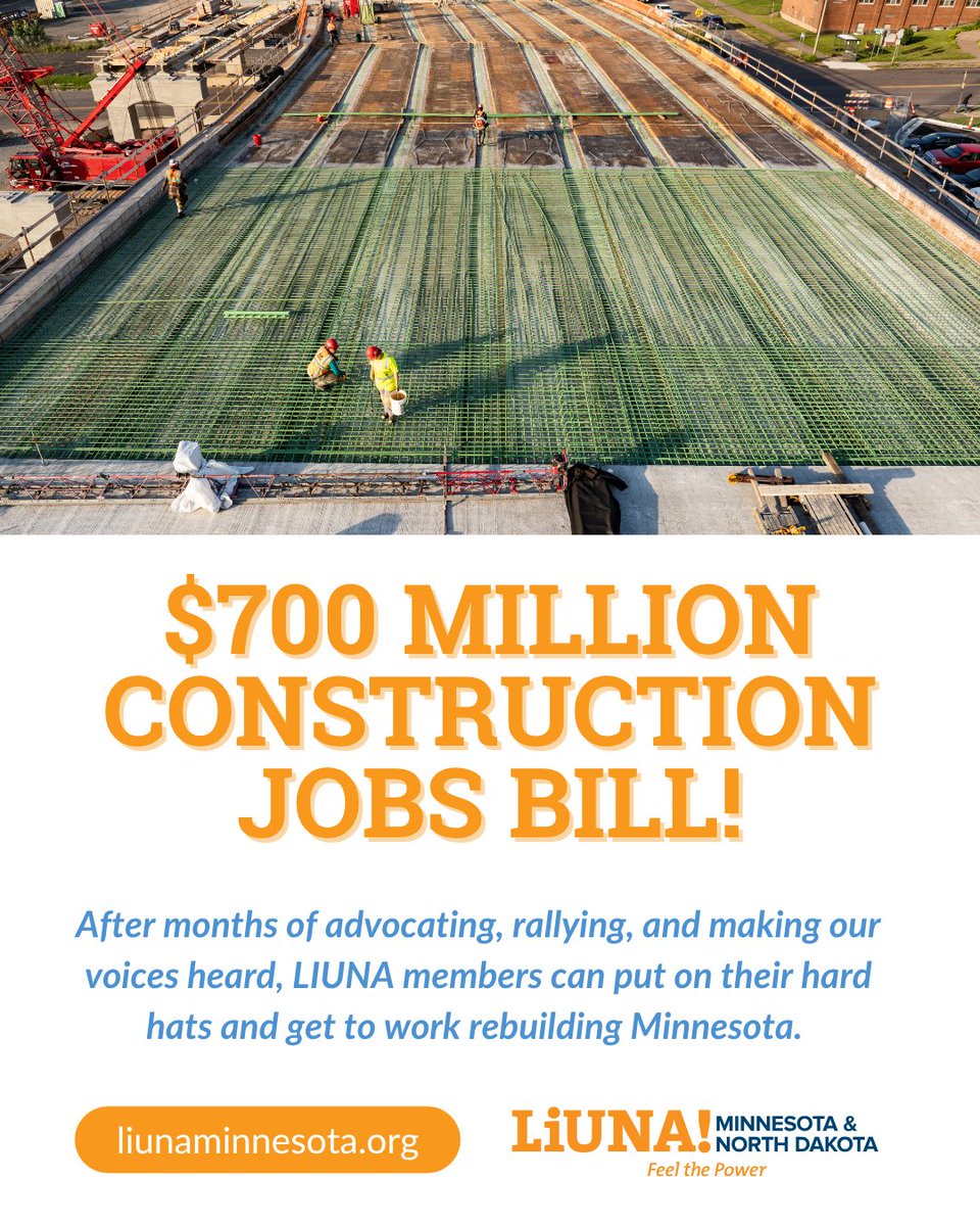 LIUNAMinnesota's tweet image. 🎉 $700M bipartisan infrastructure win! Thank you #MNLeg for delivering on roads, bridges, water systems, public bldgs + good-paying jobs. Grateful for leaders who put MN first. STATEMENT: liunaminnesota.org/en/news/bondin…
🏛️ MN Special Session DELIVERED: ✅ Prevailing wage protected ✅…