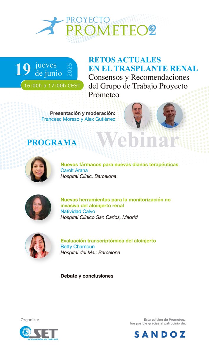 SETrasplante (@setrasplante) on Twitter photo 🟢El jueves 19 de junio a las 16h CEST, tienes la oportunidad de asistir al webinar en directo: Retos Actuales en el Trasplante Renal <a href="/AlexGtrzD/">Alex Gutiérrez-Dalmau</a>
Registro gratuito en: livestream.doblem.net/set20250601/
¡Os esperamos! #ProyectoPrometeo 🟢El jueves 19 de junio a las 16h CEST, tienes la oportunidad de asistir al webinar en directo: Retos Actuales en el Trasplante Renal <a href="/AlexGtrzD/">Alex Gutiérrez-Dalmau</a>
Registro gratuito en: livestream.doblem.net/set20250601/
¡Os esperamos! #ProyectoPrometeo