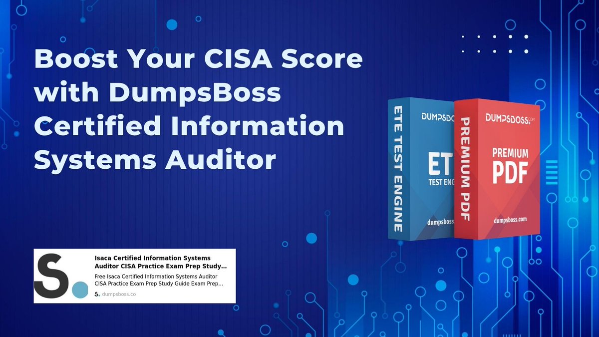 FreddieTed50034's tweet image. Boost Your CISA Score with DumpsBoss Certified Information Systems Auditor Practice Test

The DumpsBoss CISA Practice Test offers realistic questions &amp;amp; detailed answers. 

Click here to get more detail: dumpsboss.co/isaca-exam/cis…

#CISAStudy #CISAPrep #InformationSystems #DumpsBoss