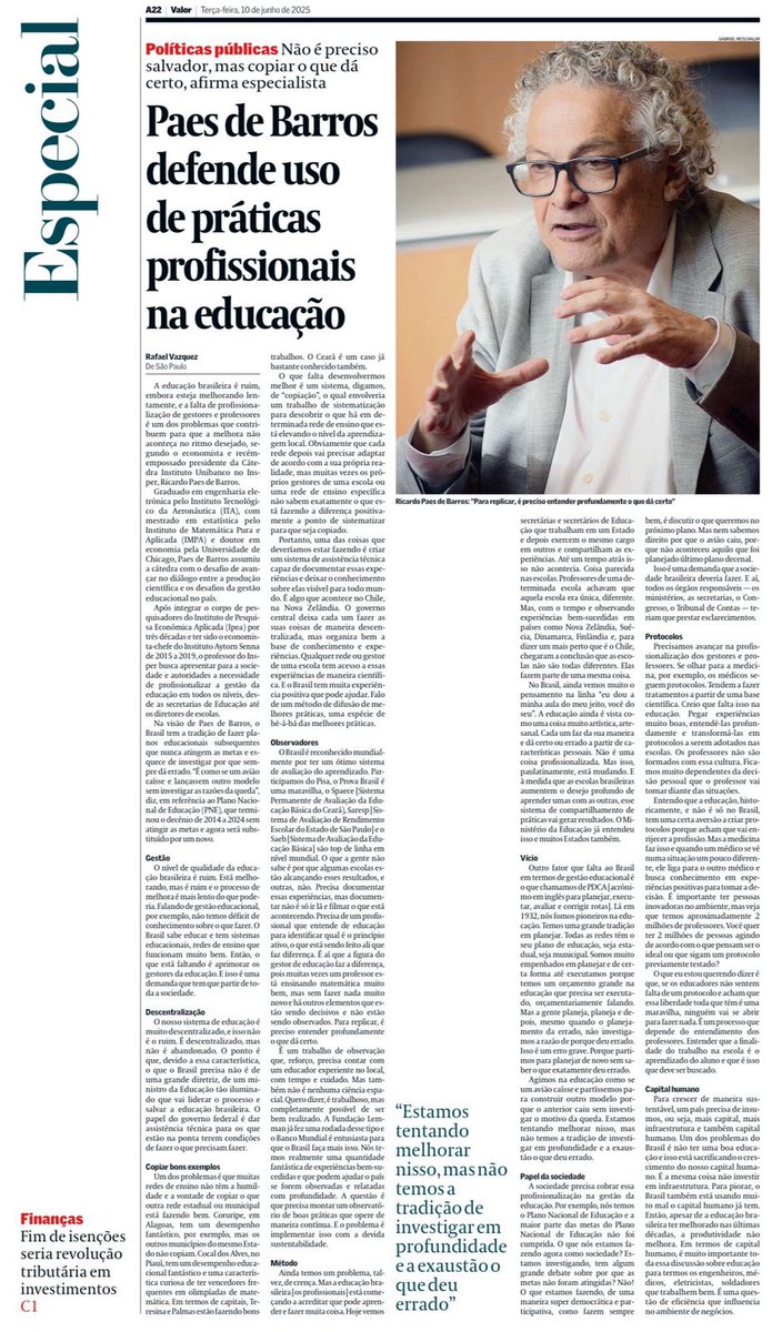 A educação brasileira é ruim, embora esteja melhorando lentamente, e a falta de profissionalização de gestores e professores é um dos problemas que contribuem para que a melhora não aconteça no ritmo desejado, segundo Ricardo Paes de Barros. ( Valor Econômico)