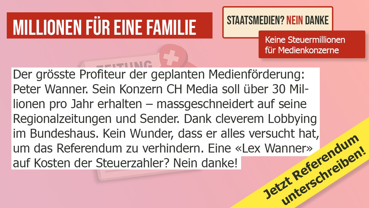 🛑 NEIN zu Staatsmedien!

Bundesrat und Parlament ignorieren den Volksentscheid von 2022 und wollen durch die Hintertür staatliche Medienförderung einführen.
 Über 200 Millionen Franken Steuergeld pro Jahr für gewinnbringende Verlage – auf Kosten der Steuerzahlenden.

Die Folge?