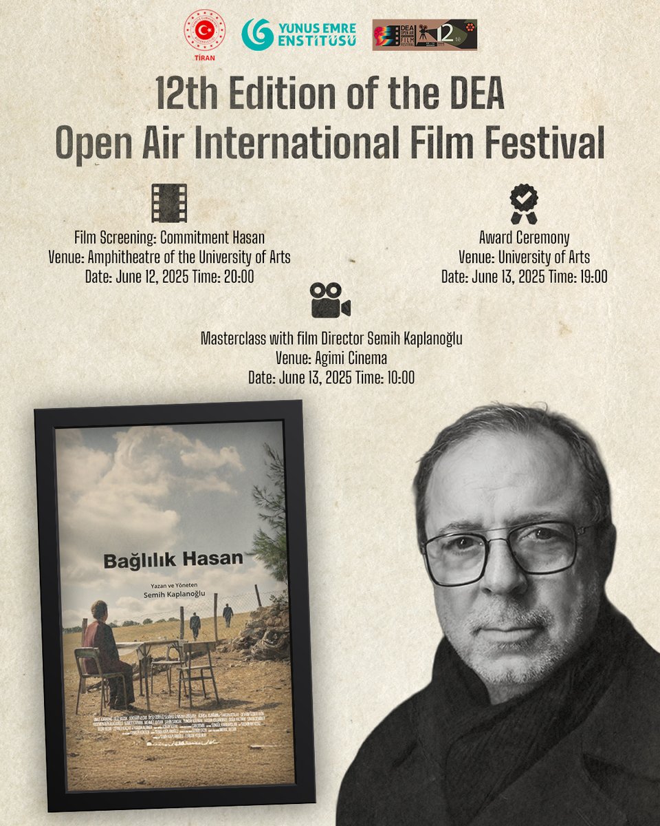 🎥 Regjisori dhe skenaristi i njohur, Semih Kaplanoğlu, do të jetë i pranishëm në Tiranë në kuadër të Festivalit të 12-të Ndërkombëtar të Filmit DEA Open Air, me mbështetjen e Institutit tonë!