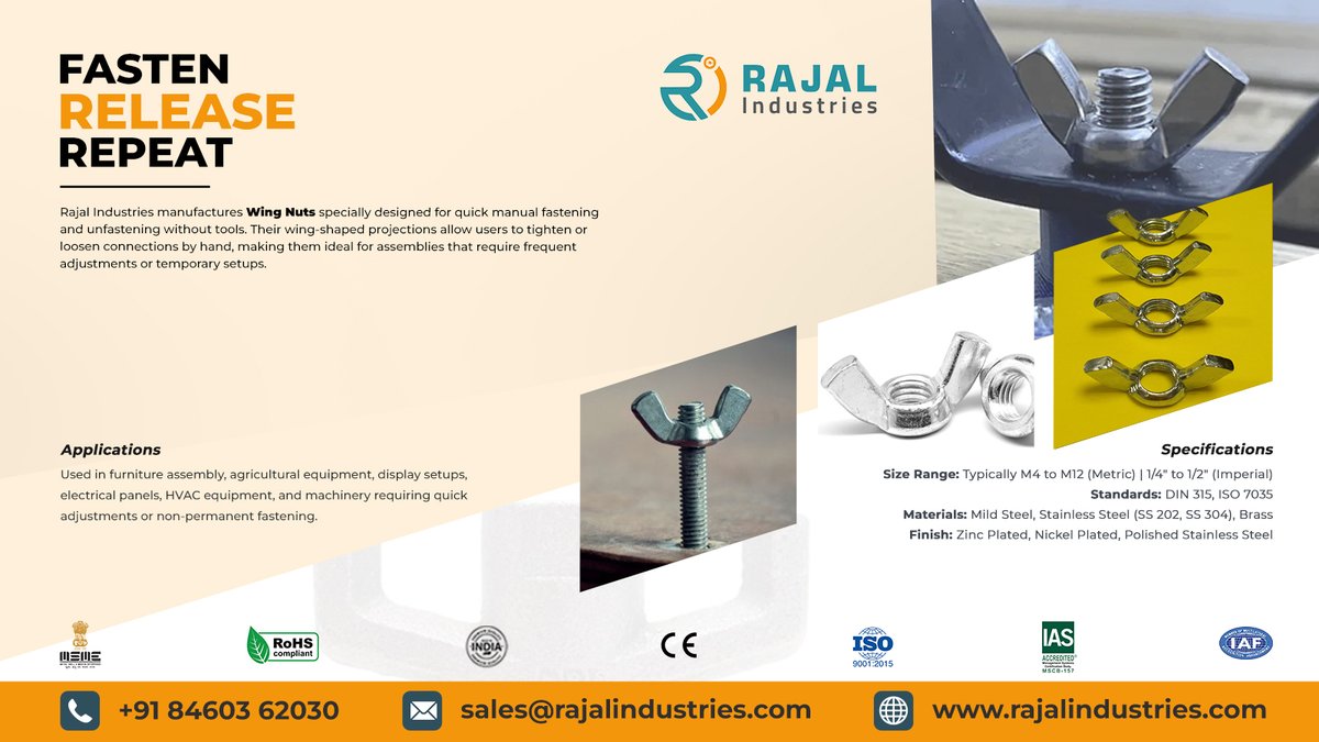 rajalindia's tweet image. 👐 Fasten. Release. Repeat.
Tool-free and efficient—our Wing Nuts are perfect for quick setups and adjustments in displays, furniture, and machinery.
✅ M4–M12 | MS, SS, Brass | DIN 315
📧 sales@rajalindustries.com
#WingNuts #QuickFasteners #DIN315 #FastenersIndia #RajalIndustry