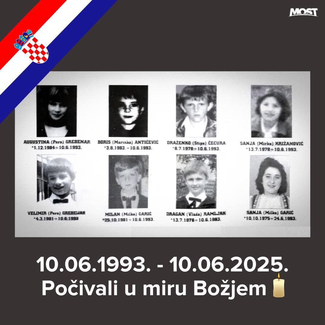 🕯 U spomen na djecu Viteza – 10. lipnja 1993.
Na današnji dan prije 32 godine, u Vitezu je na dječjem igralištu ubijeno osmero hrvatske djece. 

Imali su između 9 i 14 godina. Granata je došla s položaja Armije BiH – a odgovorni za ovaj zločin nikada nisu procesuirani.