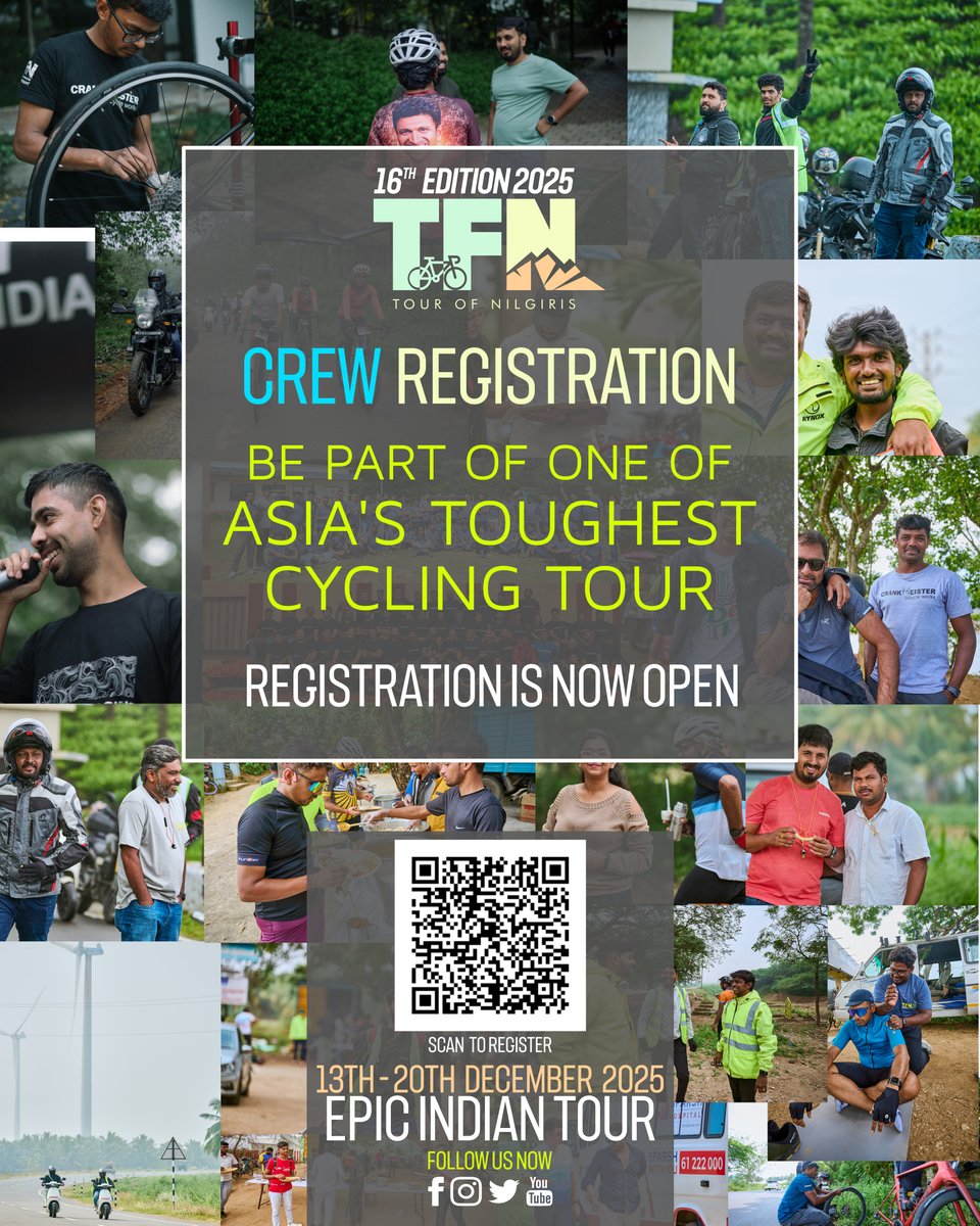 TFN 2025 | Crew Registration Open!

Join the crew of one of Asia’s toughest cycling tours, TFN Tour of Nilgiris, 13–21 Dec 2025.
Be part of the action (no cycling for crew).

Scan the QR to register.

We’ll connect with you soon after you sign up.

Team TFN

#TFN2025 #Volunteer
