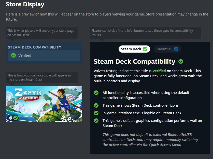 oneiricworlds's tweet photo. 🎉 Yeeees! The game is officially Steam Deck approved by Valve! 🎉 
I wish I had this on release day, but hey, that's still awesome.
You can play Zefyr here: https://t.co/RneCMpZscL 
#indiegame #pcgaming #steam #steamdeck #zefyr #adventure #feelgood #cozy #wholesome https://t.co/gvkfflaYqt