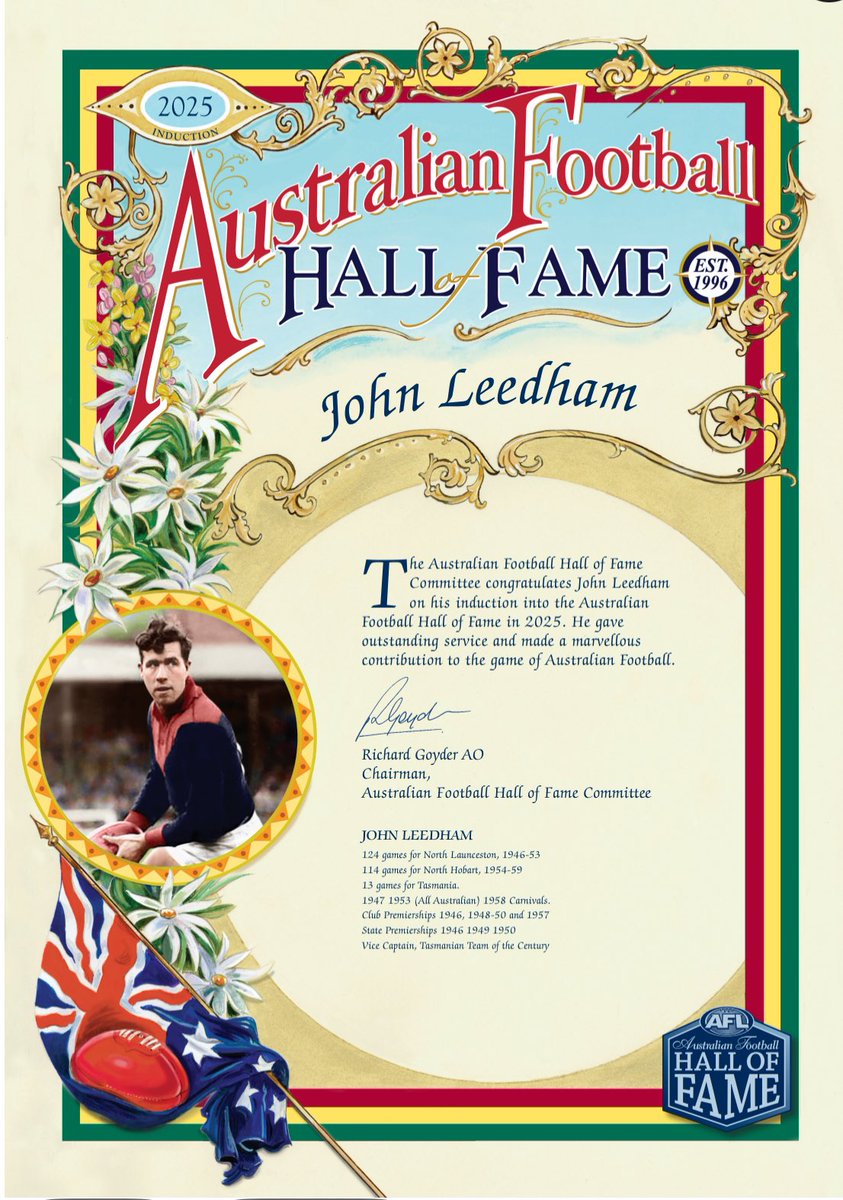An all time great of Tasmanian football inducted into the Australian Football Hall of Fame.

Congratulations to the late John Leedham.
