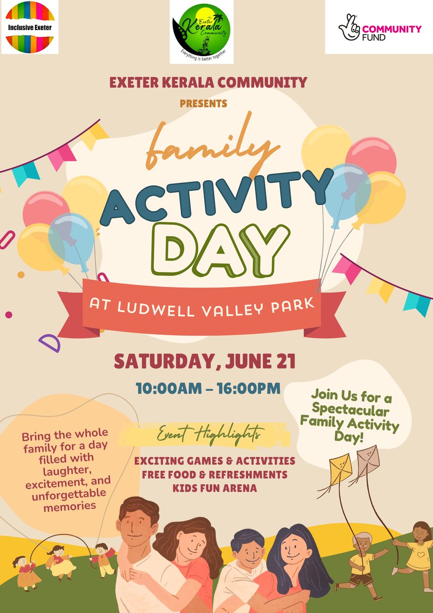InclusiveExeter's tweet photo. Join us Sat, June 21 🗓️ 10 AM–4 PM at Ludwell Valley Park for Family Activity Day! 🎈 Games, free food &amp; refreshments, kids’ fun arena, kite-flying &amp; more. No ticket needed—just turn up! #FamilyFun #ExeterKerala https://t.co/TIn2suqKUb