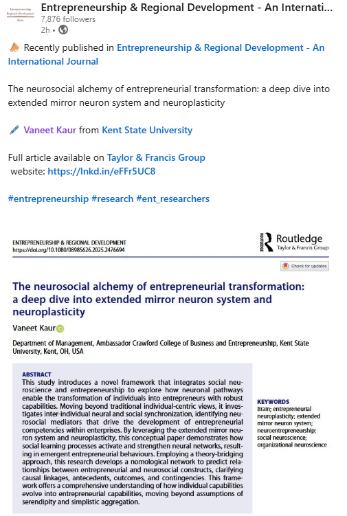 Dr. Vaneet Kaur (@drvaneetkaur) on Twitter photo Thanks to <a href="/ERD_IntJournal/">Entrepreneurship & Regional Development</a> for featuring my latest work! This spotlights my #Neuroentrepreneurship & #OrganizationalNeuroscience #research from <a href="/Crawford_KSU/">Ambassador Crawford College</a> at <a href="/KentState/">Kent State</a>.
Happy to share the contributions with <a href="/NEU_AoM/">Organizational Neuroscience & Biology (NeuB) -AoM</a> & <a href="/KSUBrainHealth/">Kent State Brain Health Research Institute</a>.
Link to article: tandfonline.com/doi/full/10.10… Thanks to <a href="/ERD_IntJournal/">Entrepreneurship & Regional Development</a> for featuring my latest work! This spotlights my #Neuroentrepreneurship & #OrganizationalNeuroscience #research from <a href="/Crawford_KSU/">Ambassador Crawford College</a> at <a href="/KentState/">Kent State</a>.
Happy to share the contributions with <a href="/NEU_AoM/">Organizational Neuroscience & Biology (NeuB) -AoM</a> & <a href="/KSUBrainHealth/">Kent State Brain Health Research Institute</a>.
Link to article: tandfonline.com/doi/full/10.10…