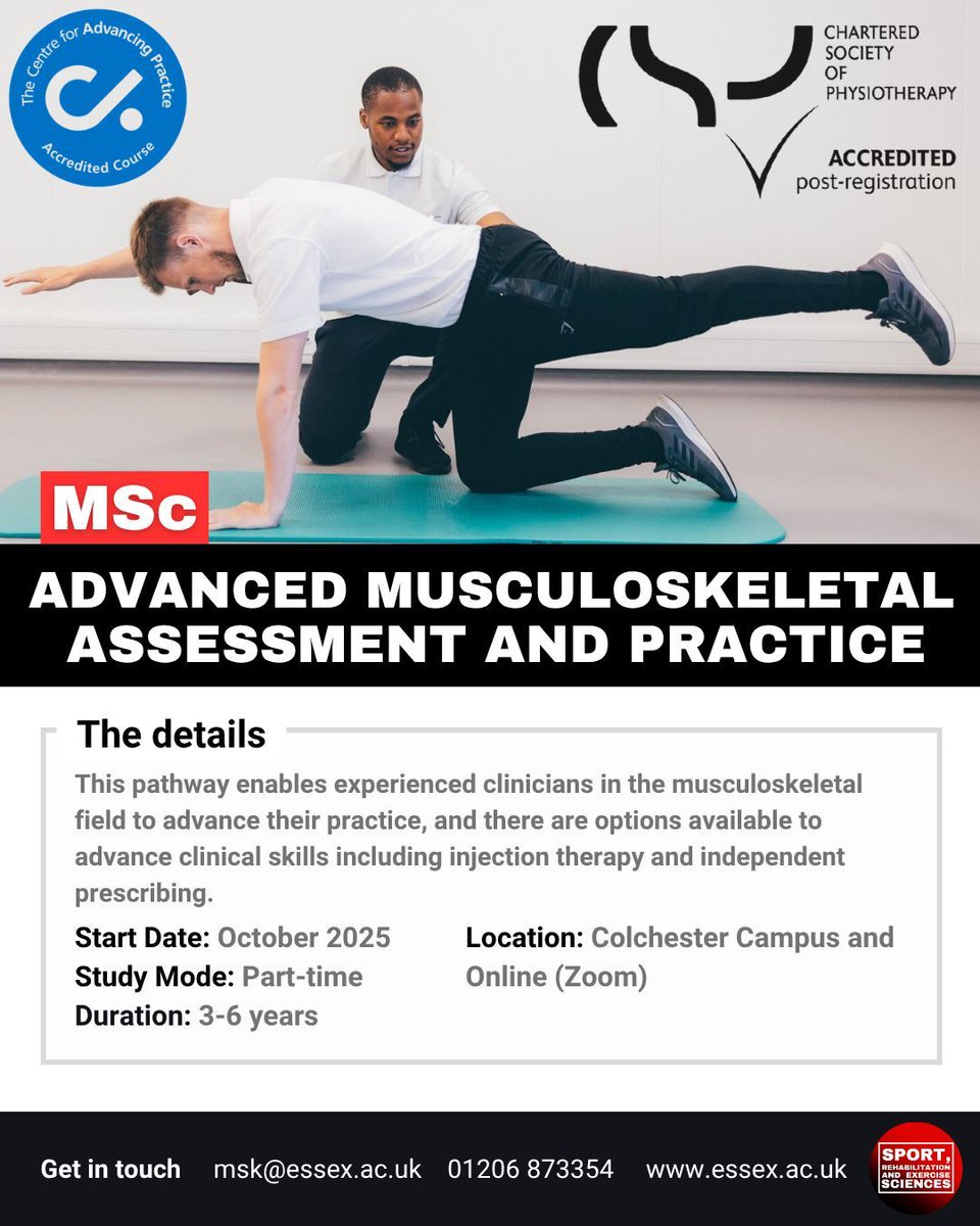 SRES_UoE's tweet photo. 🚨Calling all MSK Physios!

Our MSc in Advanced Musculoskeletal Assessment and Practice is: 
✅ accredited by NHS England's Centre for Advancing Practice (since March 2023)
✅a Chartered Society of Physiotherapy accredited post-registration pathway.  

🔗 https://t.co/2PVJ6BDGjY https://t.co/AEp5edN1zP