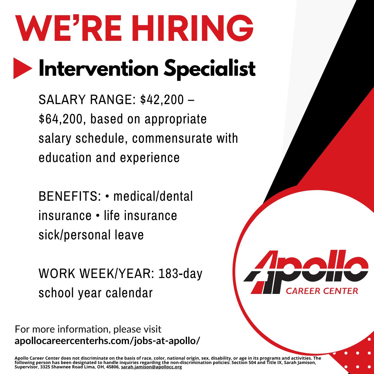 Looking for a great career opportunity? Visit apollocareercenterhs.com/jobs-at-apollo/ for the Intervention Specialist details and other available positions.