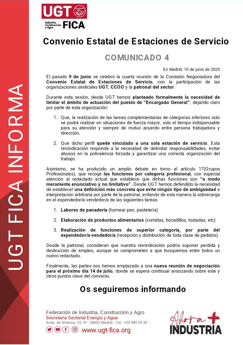 COMUNICADO Nº 4📝
 📢Reunión de la Comisión Negociadora del Convenio de   Estaciones de Servicio ⛽️
<a href="/UGT_FICA/">UGT FICA #SalariooConflicto #PactoIndustria</a>