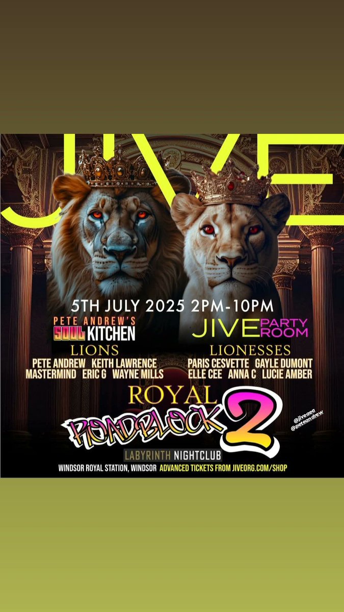 🎉✨ Get ready for an unforgettable day of music and good vibes! ✨🎉

Join us for **Royal Roadblock 2** at **Labyrinth, Windsor**, courtesy of **Jive** and **PeteAndrew's Soul Kitchen** on **Saturday, July 5th** from **2pm - 10:30pm**!

🎶 **Two rooms of pure musical magic!**