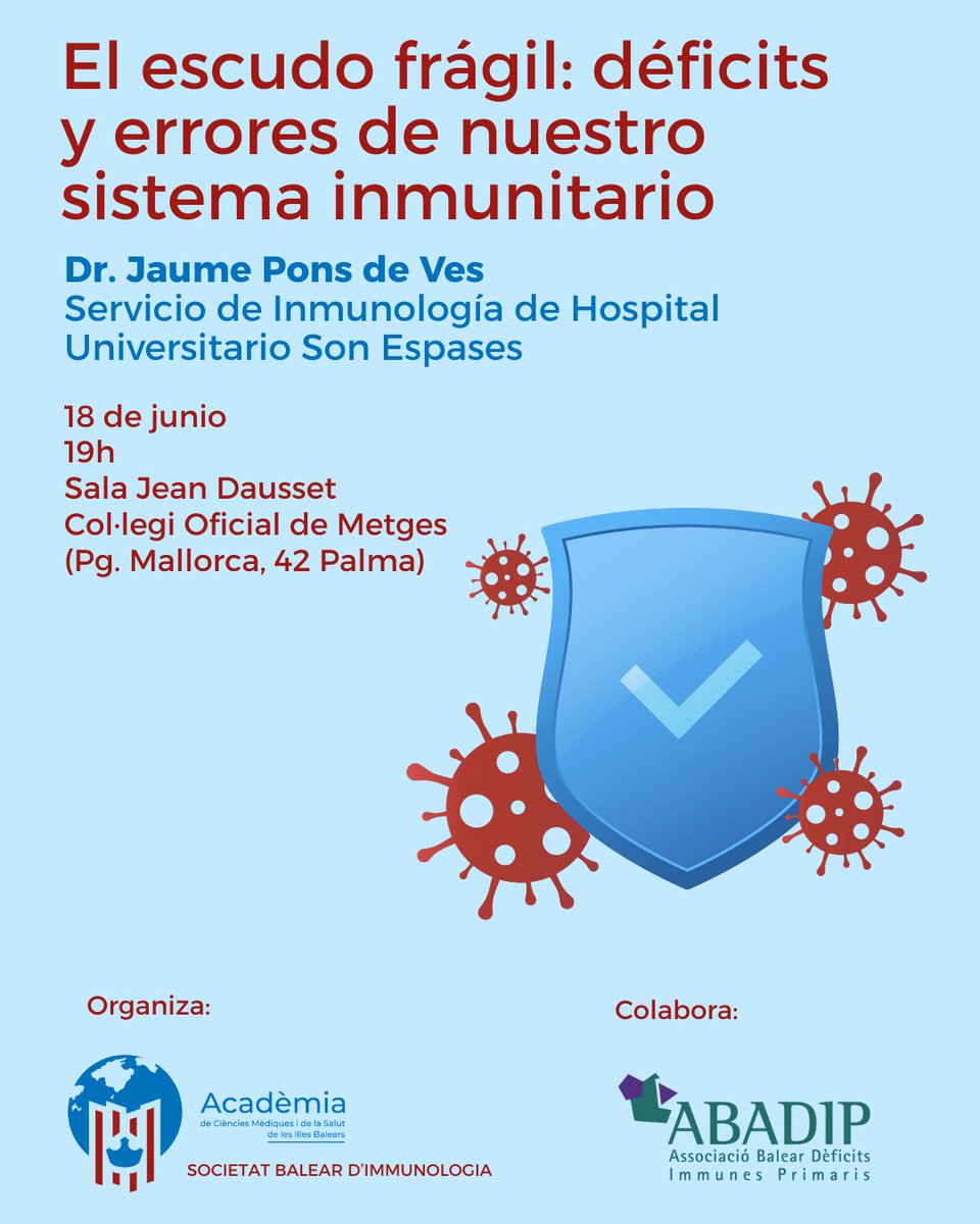 AMBalear's tweet photo. 🧬 Què passa quan el sistema immunitari falla?

Xerrada divulgativa per a pacients i famílies sobre immunodeficiències i altres disfuncions del sistema immunitari.

📅 18 de juny 
⏰ 19 h
📍 Palma   
👨‍⚕️ Dr. Jaume Pons de Ves, metge immunòleg

Entrada lliure! 
@ABADIP_Baleares https://t.co/QFizB3hzsc