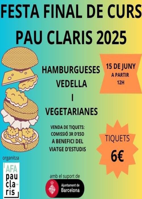 Benvolgudes famílies,
Ja tenim el cartell del DINAR de final de curs pro-viatge de 4t d'ESO. Ja som una bona colla!🍔🧑‍🧑‍🧒‍🧒