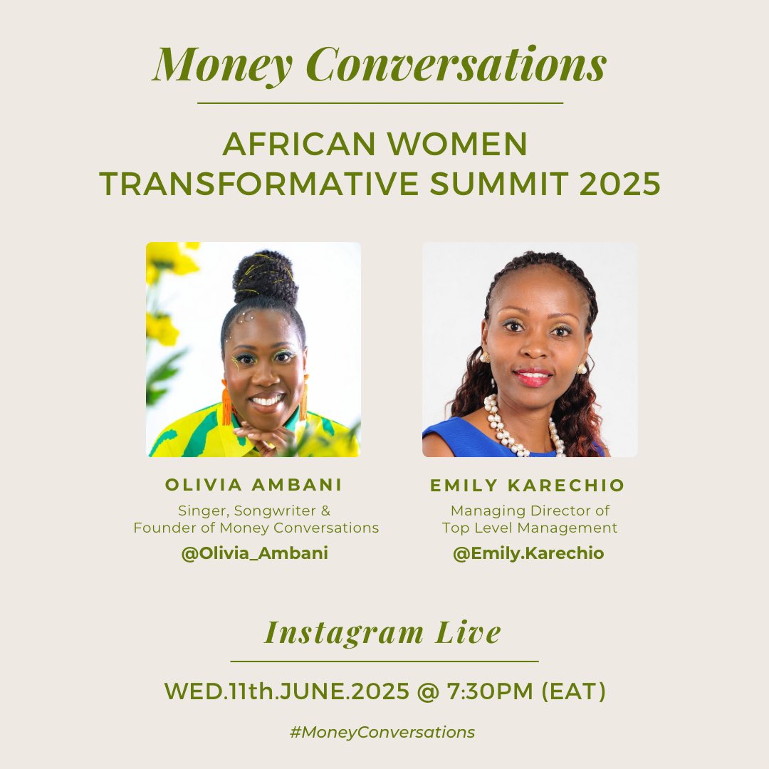 Olivia Ambani (@oliviaambani) on Twitter photo Powerful, Dynamic & Transformative are the words that come to mind when I think of <a href="/EmilyKarechio/">Emily Karechio</a>. Managing Director of Top Level Management Kenya, Convener/Co-host of Africa Women Transformative Summit.
On #MoneyConversations this week we’ll be talking about the 2025 Summit! Powerful, Dynamic & Transformative are the words that come to mind when I think of <a href="/EmilyKarechio/">Emily Karechio</a>. Managing Director of Top Level Management Kenya, Convener/Co-host of Africa Women Transformative Summit.
On #MoneyConversations this week we’ll be talking about the 2025 Summit!