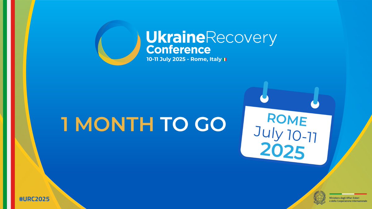 📣 Ukraine Recovery Conference 2025 is one month away!
Four key themes: private sector, people, local government, 🇪🇺accession path. With #URC2025, 🇮🇹 stands alongside 🇺🇦 and at the center of international efforts to achieve peace!

Find out more 👉🏻 urc-international.com