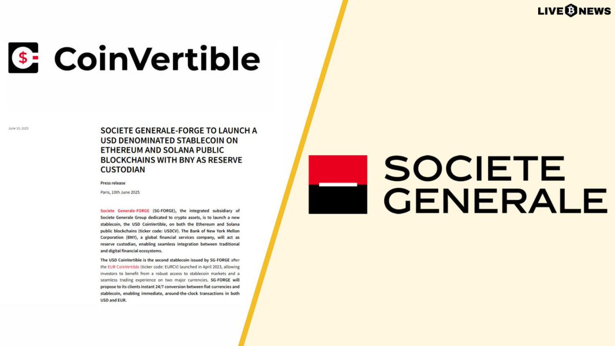 LiveBTCNews's tweet photo. 🇫🇷 One of France’s biggest banks just dropped its own #stablecoin!
Societe Generale-Forge, launches $USDCV — a USD-pegged stablecoin on Ethereum & Solana, with BNY as acting as the asset custodian.
#SocieteGenerale #France #BNY #USDCV #Ethereum #Solana #CryptoNews #Web3 https://t.co/8UBQJi8Cu4