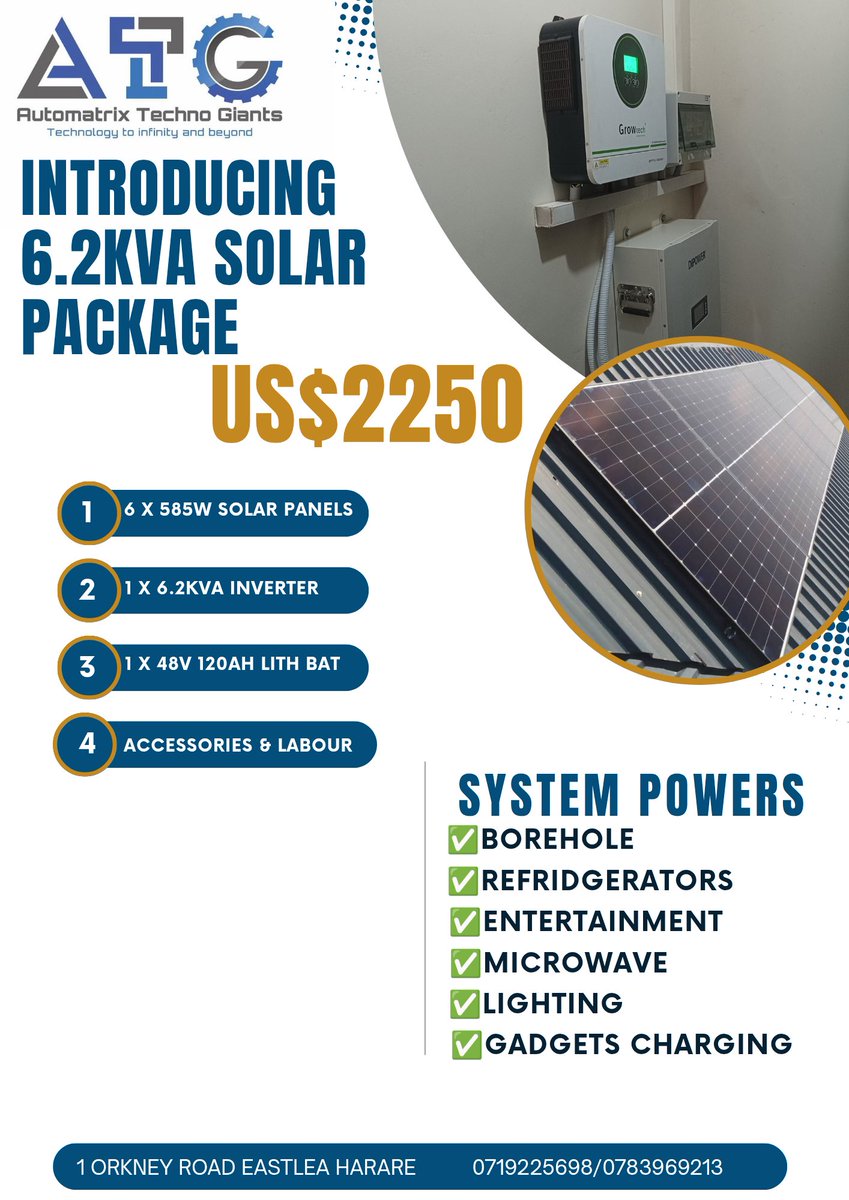 Introducing the 6.2kva solar solution which comes with a 6.2kva solar inverter with capability of handling up to 6000w max PV charging.

For just US$2250 enjoy the benefits that comes with the solution 
NB : We accept payment plans
Contact 0719225698/sales@atg.co.zw