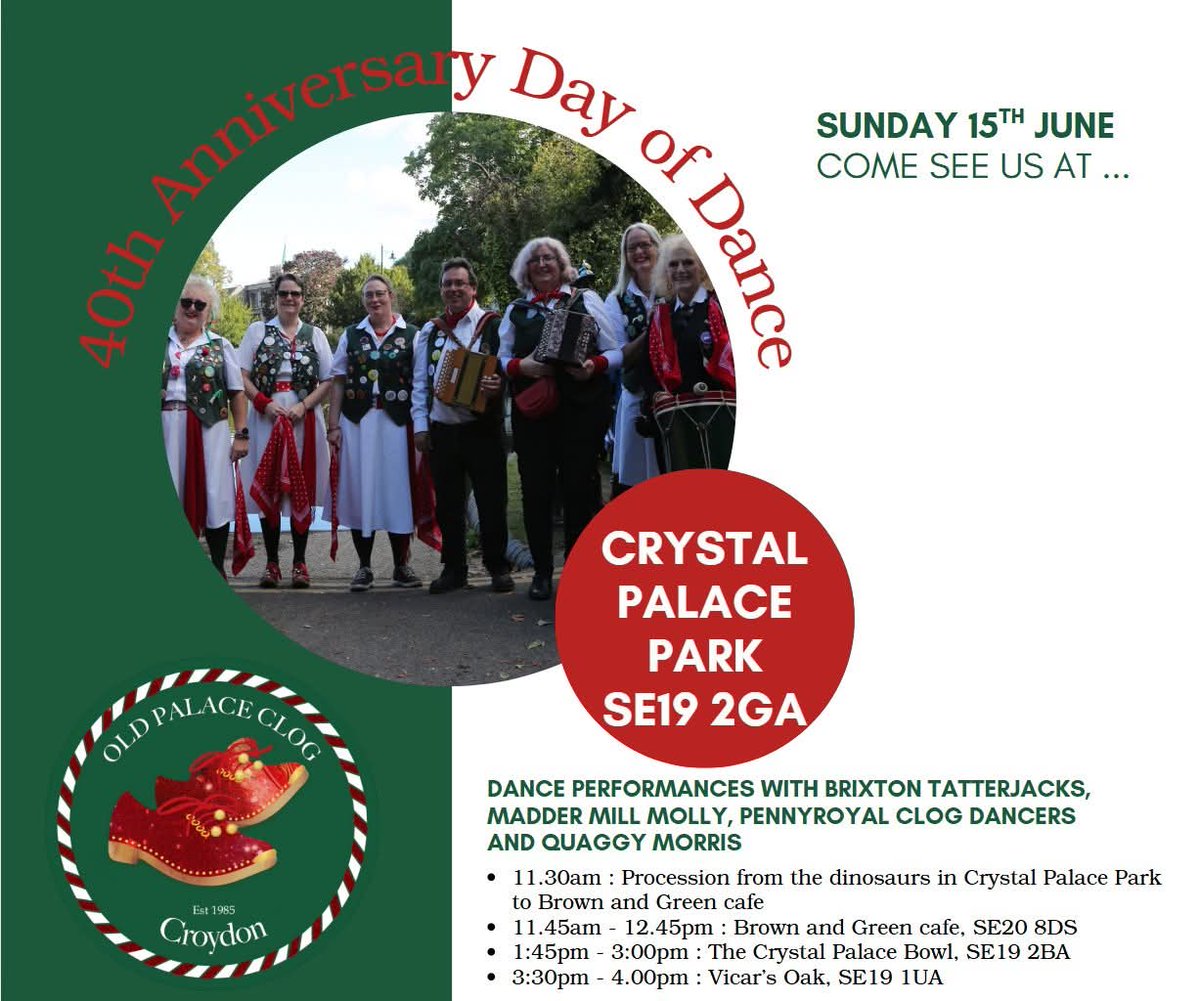 Sunday at 11.30am!! Come and see us at Crystal Palace Park to celebrate @oldpalaceclog 's 40th anniversary Day of Dance !!
#CrystalPalace #morrisdancing
#morris #folkmusic