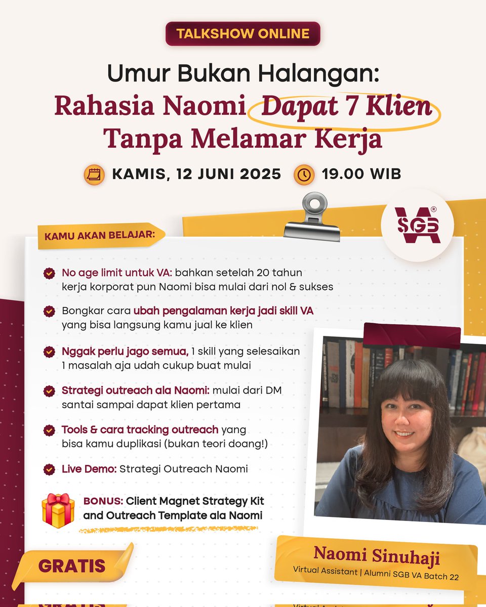 Tau gak? 70% loker itu sebenernya GAK di-publish loh!

Dan minggu ini di FREE talkshow kita bakal di-spill caranya dapet client kerja remote tanpa ngelamar + dapet bonus template client outreach 😉

Daftar sekarang di sini 👇
🔗 link.sgbva.com/sgbvax_ws