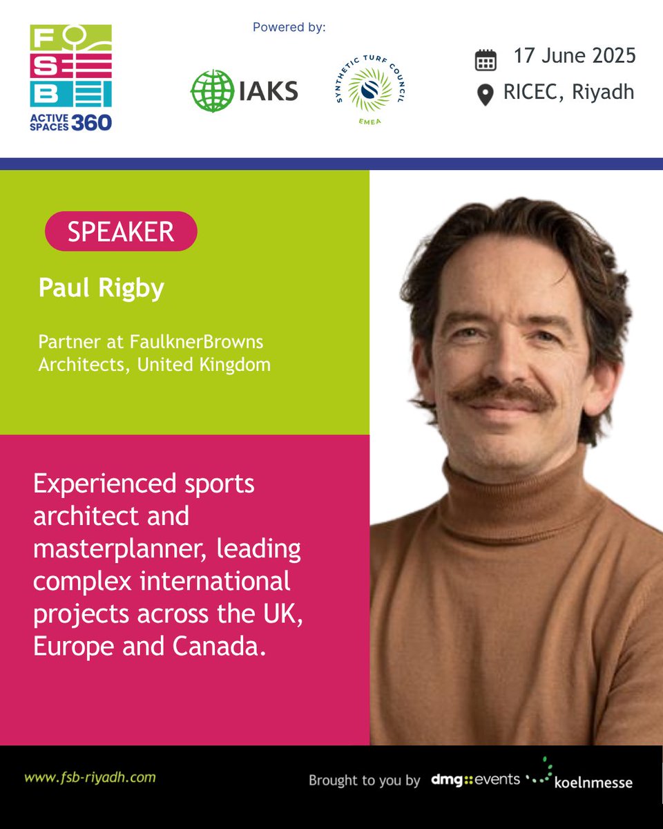 🚨We are excited to announce that Paul Rigby will be speaking at ActiveSpaces 360, powered by IAKS International and ESTC (EMEA Synthetic Turf Council) , hosted at FSB Sports Show Riyadh – the leading event for sports and recreational infrastructure in the Kingdom! 🏟️

Attend his