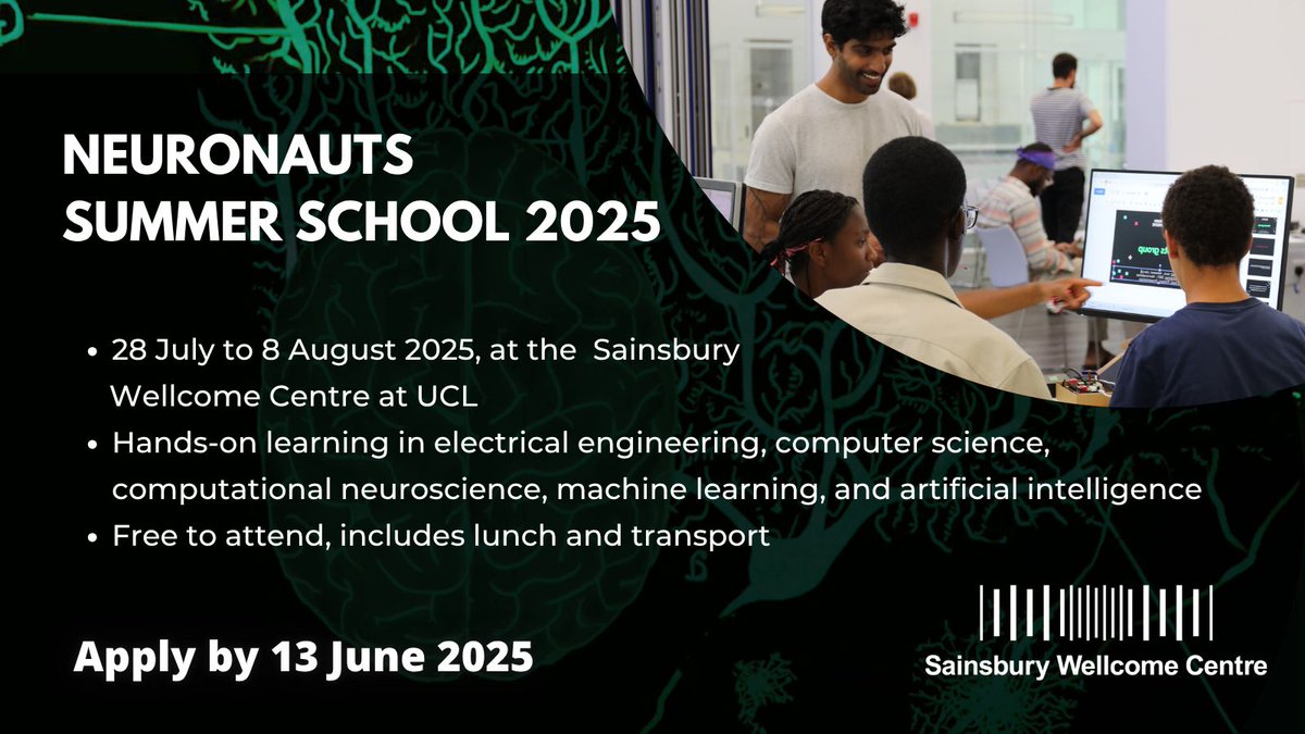 SWC (@swc_neuro) on Twitter photo Applications are closing soon for Neuronauts Summer Camp 2025!
Neuronauts is a free programme for secondary school students offering hands-on learning in electrical engineering, computer science, computational neuroscience, machine learning, and AI. Applications are closing soon for Neuronauts Summer Camp 2025!
Neuronauts is a free programme for secondary school students offering hands-on learning in electrical engineering, computer science, computational neuroscience, machine learning, and AI.