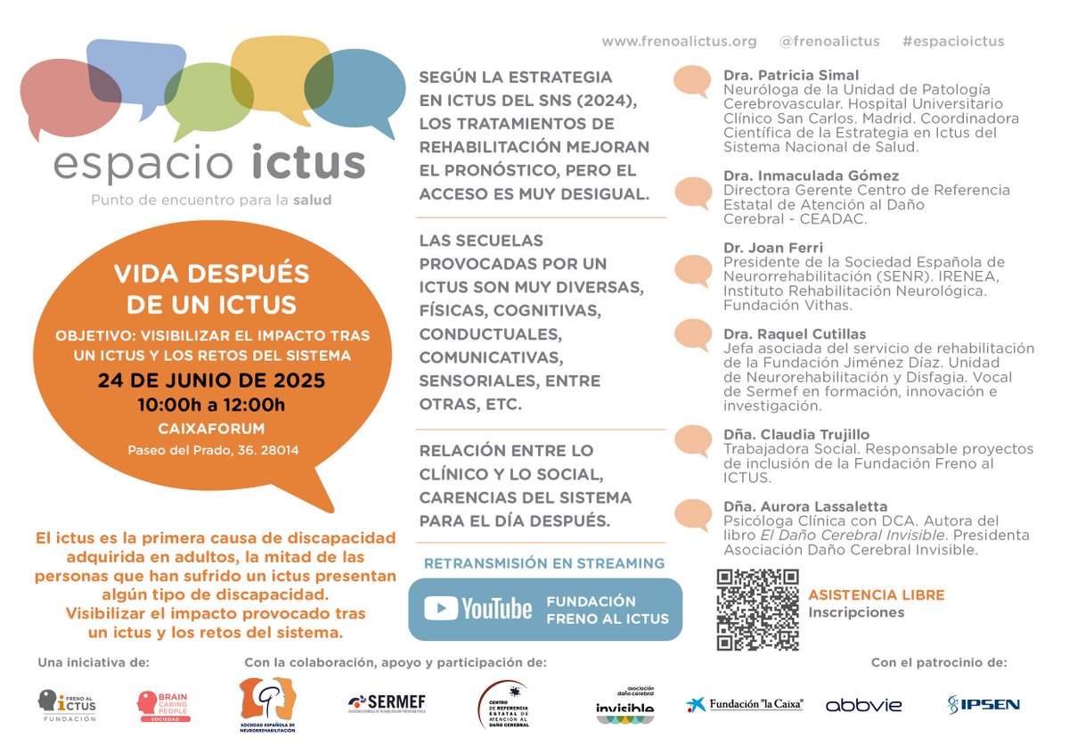 🧠 Espacio Ictus XI · “Vida después de un ictus”
📅 24 de junio
🕙 10:00h
📍 CaixaForum Madrid
🎥 Presencial + streaming · Entrada libre con inscripción
Secuelas, retos y cómo mejorar la vida tras un ictus
🎙 Expertos en neurología, rehabilitación y más
🔗 forms.gle/9n2697Ny5zeoqs…
