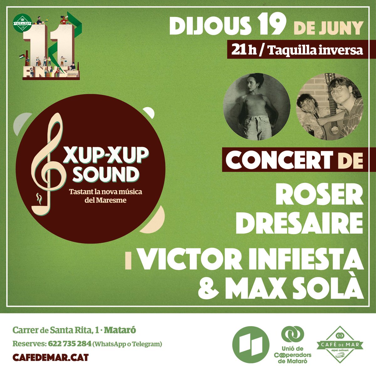🎼 Xup-xup Sound 🎸 Concert de Roser Dresaire
i Victor Infiesta &amp; Max Solà

🗓️ Dijous 19 de juny 🕒 21 h 🎟️ Taquilla inversa📍Cafè de Mar

Xup-xup Sound especial aniversari i final de temporada.

🔗 cafedemar.cat/event/xup-xup-…