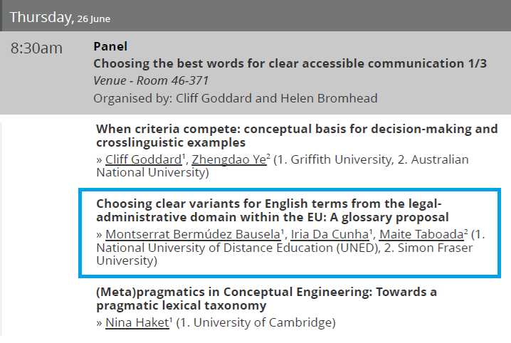arText 💻✍️| Sistema de ayuda a la redacción (@sistema_artext) on Twitter photo 📢19th International Pragmatics Conference
🗓️June 22–27
🌏Brisbane
🔗pragmatics.international/page/Program20…
Panel: Choosing the best words for clear accessible communication
M. Bermúdez, I. da Cunha (<a href="/UNED/">UNED</a>) and M. Taboada (<a href="/SFU/">Simon Fraser University</a>) will present our #EUPlainTech project (<a href="/CienciaGob/">Ministerio de Ciencia, Innovación y Universidades</a>, <a href="/AgEInves/">Agencia Estatal de Investigación</a>) 📢19th International Pragmatics Conference
🗓️June 22–27
🌏Brisbane
🔗pragmatics.international/page/Program20…
Panel: Choosing the best words for clear accessible communication
M. Bermúdez, I. da Cunha (<a href="/UNED/">UNED</a>) and M. Taboada (<a href="/SFU/">Simon Fraser University</a>) will present our #EUPlainTech project (<a href="/CienciaGob/">Ministerio de Ciencia, Innovación y Universidades</a>, <a href="/AgEInves/">Agencia Estatal de Investigación</a>)
