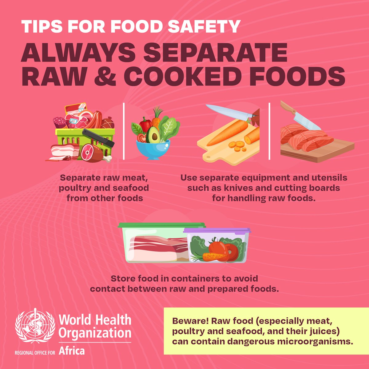 Handle food with care for food safety.

Always     
1⃣separate raw foods, meat, poultry and seafood from other foods.

2⃣Use separate utensils      when handling different food types.