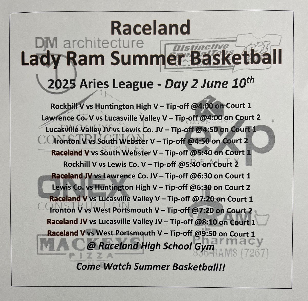 Lady Ram Summer League Day 2 schedule, come join us this evening at Raceland High School….
