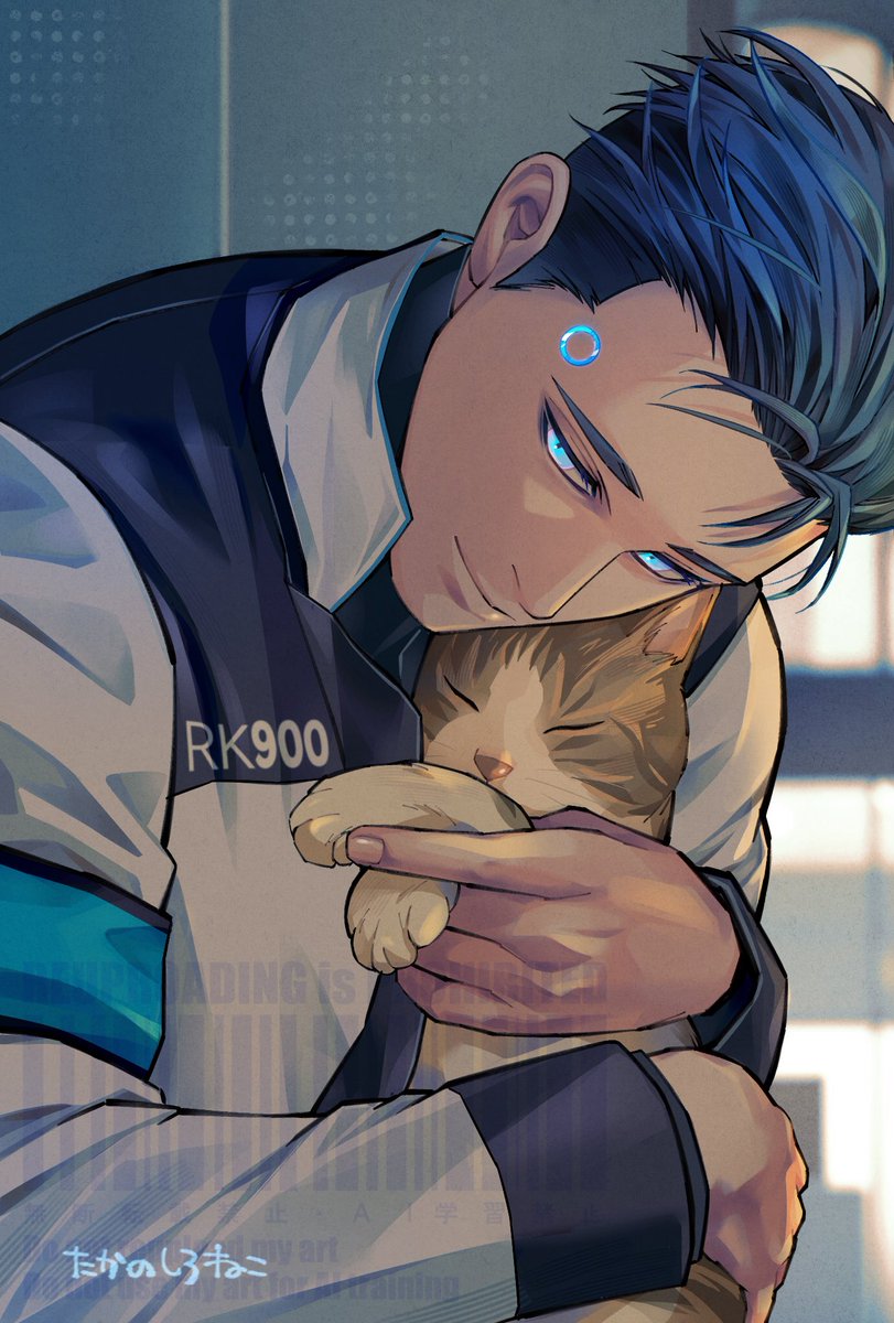 ネコを解析中のRK900を描きました。
【ねこ】…解析中… …
《ふわふわ、やわらかい、あたたかい…ふわふわ》
 #detroitbecomehuman #RK900