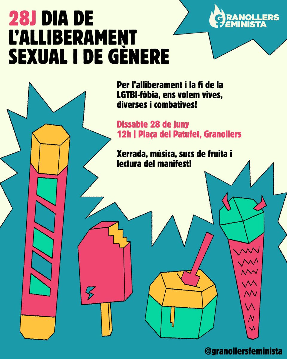 GranollersFemi's tweet photo. 🏳️‍🌈🏳️‍⚧️El proper #28J sortim als carrers per l'alliberament sexual i de gènere i la fi de la LGTBI-fòbia. 

Reserva't el dia 28 de juny a les 12h!🔻 https://t.co/MwbfJ3sLp4