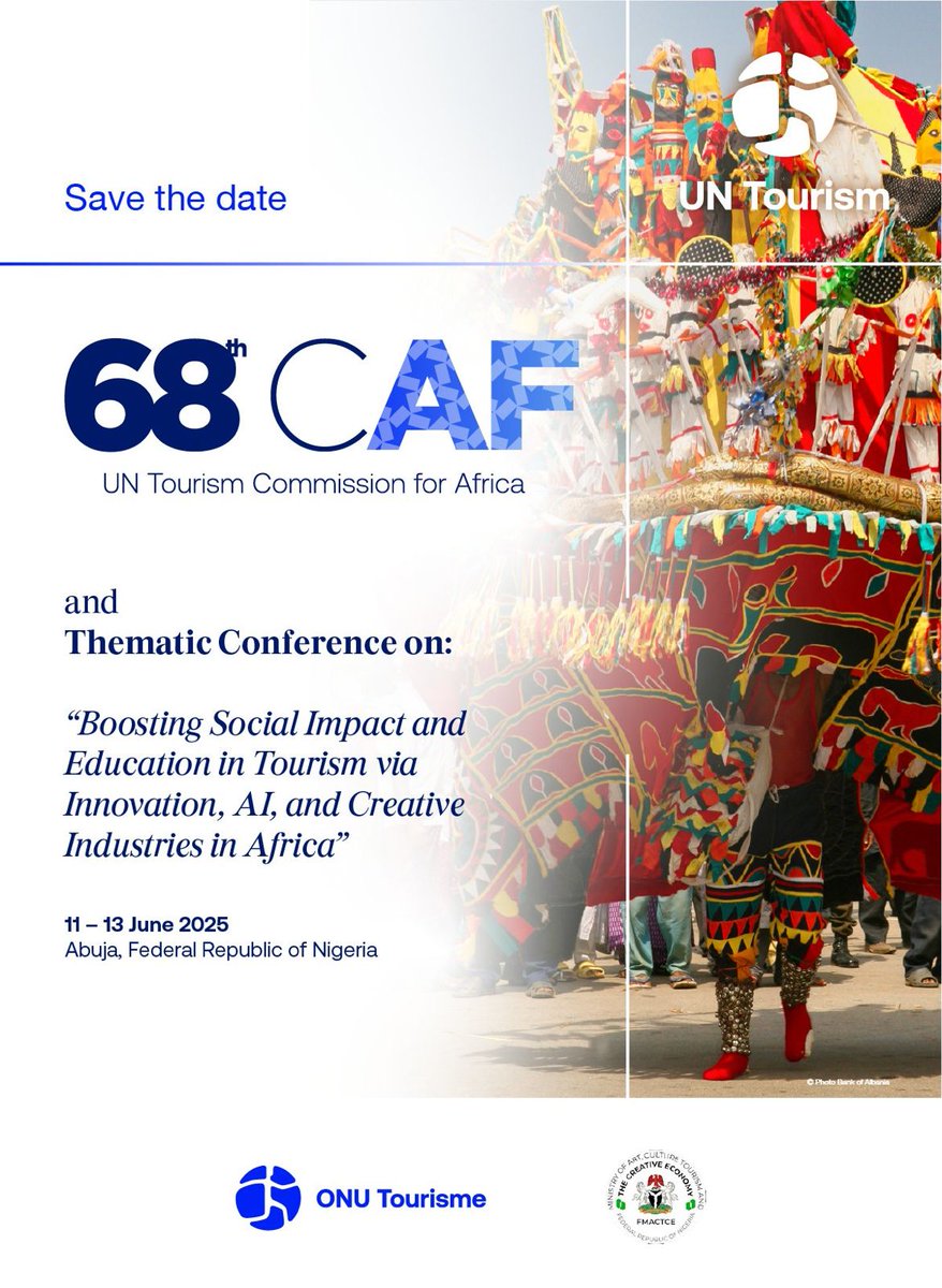 #VoyagesAfriq | Just 1 day to go!

The 68th UN Tourism Regional Commission for Africa opens tomorrow in Abuja, 11–13 June 2025.

Co-hosted by UN Tourism &amp; Nigeria’s Ministry of Arts, Culture &amp; Tourism, it spotlights social impact, AI &amp; creative industries in tourism.

Join us!