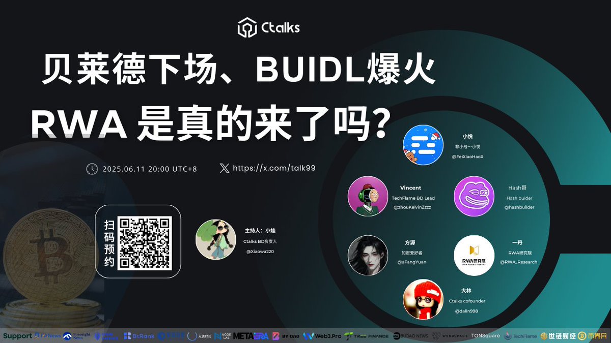 Ctalks (@talk99) on Twitter photo 📣 Ctalks & Space活动预告
🎙贝莱德下场、BUIDL爆火,RWA 是真的来了吗?
⏰06月 11 日 20:00 | UTC+8
—————————————————————————
主持人:
Ctalks <a href="/talk99/">Ctalks</a>
小娃 <a href="/xiaowa220/">蒋小娃</a>
特邀嘉宾:
小悦 <a href="/FeiXiaoHaoX/">非小号</a>
Vincent <a href="/zhouKelvinZzzz/">Vincentzzh|Techflame & ScalingX🇦🇺</a>
Hash哥 <a href="/hashbuilder/">Hash builder - Making Crypto Incredibly Easy</a>
方源 <a href="/aFangYuan/">方源</a>
一丹 <a href="/RWA_Research/">RWA Research Institute</a> 📣 Ctalks & Space活动预告
🎙贝莱德下场、BUIDL爆火,RWA 是真的来了吗?
⏰06月 11 日 20:00 | UTC+8
—————————————————————————
主持人:
Ctalks <a href="/talk99/">Ctalks</a>
小娃 <a href="/xiaowa220/">蒋小娃</a>
特邀嘉宾:
小悦 <a href="/FeiXiaoHaoX/">非小号</a>
Vincent <a href="/zhouKelvinZzzz/">Vincentzzh|Techflame & ScalingX🇦🇺</a>
Hash哥 <a href="/hashbuilder/">Hash builder - Making Crypto Incredibly Easy</a>
方源 <a href="/aFangYuan/">方源</a>
一丹 <a href="/RWA_Research/">RWA Research Institute</a>