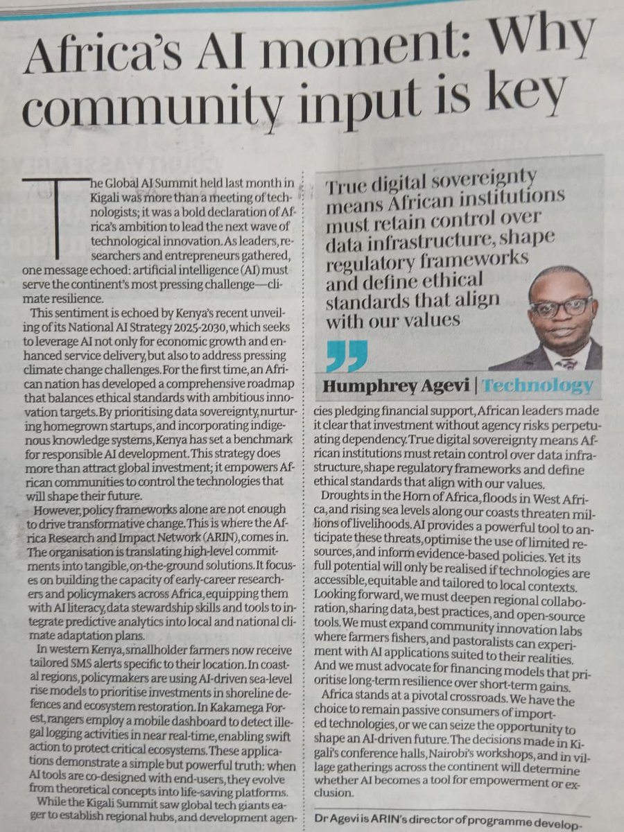 Excited to see ARIN’s impactful work on #AI &amp; #ClimateResilience featured in the <a href="/NationAfrica/">Daily Nation</a>  "Africa’s AI Moment"! Our PD, <a href="/Agevy/">Humphrey Agevi, PhD</a>  Agevi, PhD, shares key insights on AI’s role in driving sustainable development across the continent. Read more: bit.ly/43FPLYY
