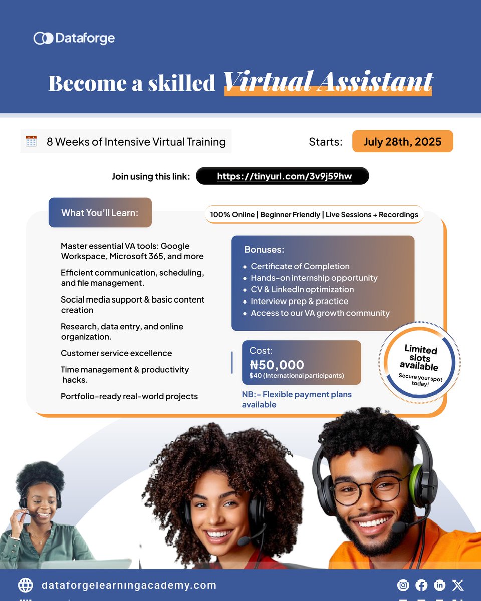 DataForge_LA's tweet image. Become a Skilled Virtual Assistant in Just 8 Weeks! 
Starting July 28th, 2025 – 100% Online
 Limited slots – Enroll now:  tinyurl.com/3v9j59hw 

Let’s help you thrive in the digital workspace!

#DataForge #VirtualAssistant #Upskill #RemoteWork
