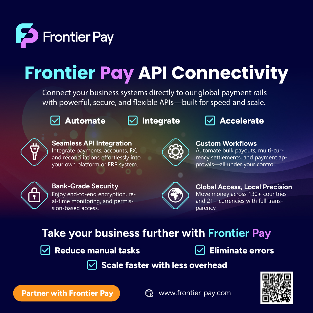Frontier_Pay's tweet image. Frontier Pay APIs = Fast, secure, and scalable payment infrastructure.
🔌 Plug in payments, FX, & reconciliation
🌍 130+ countries | 21 currencies
🔒 Bank-grade security
⚙️Automate workflows & approvals
👉 frontier-pay.com
#APIPayments #FintechAPI #GlobalPayments