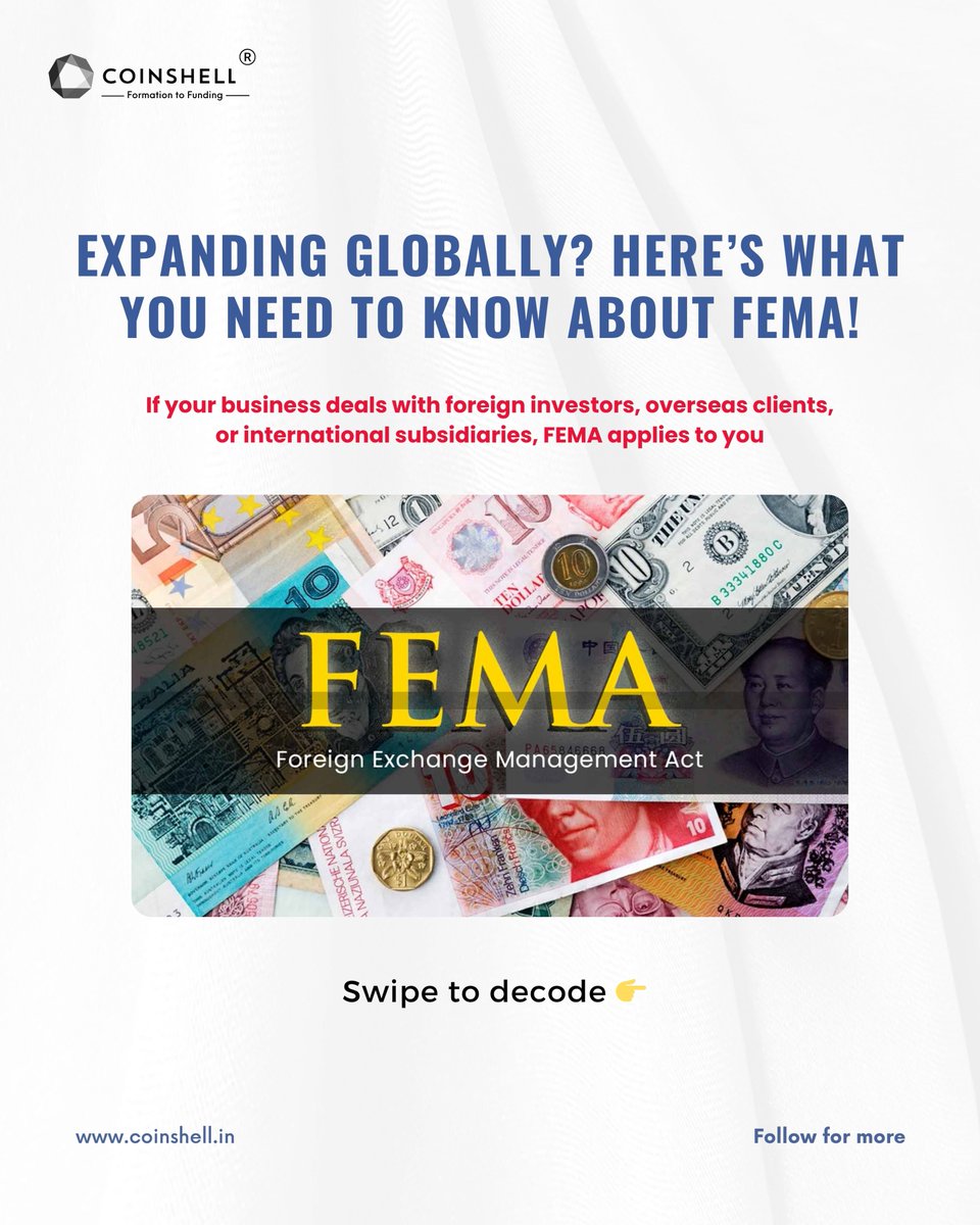 CoinShell's tweet photo. Going global? So is your compliance. 🌍

Foreign funding, international deals, outbound investments, EMA tracks them all.

Skip a filing, and you risk RBI heat.

@CoinShell helps startups stay clean, quick, and compliant.

#Coinshell #FEMA #startup #FDI #financebill2025  #RBI https://t.co/AcyyEhfeJ6