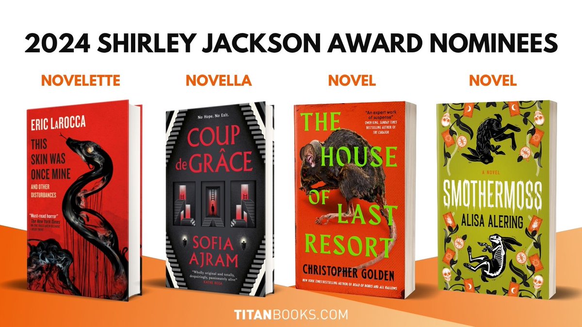 Titan Books (@titanbooks) on Twitter photo We are delighted to see some of our wonderful titles and authors nominated for 2024 Shirley Jackson Awards!
Congratulations <a href="/ChristophGolden/">Christopher Golden UPDATES ONLY</a>, <a href="/alering/">Alisa Alering</a>, <a href="/SofiaAjram/">Sofia Ajram</a> & <a href="/eric_larocca/">Eric LaRocca</a>!
See the full list of nominees here: shirleyjacksonawards.org We are delighted to see some of our wonderful titles and authors nominated for 2024 Shirley Jackson Awards!
Congratulations <a href="/ChristophGolden/">Christopher Golden UPDATES ONLY</a>, <a href="/alering/">Alisa Alering</a>, <a href="/SofiaAjram/">Sofia Ajram</a> & <a href="/eric_larocca/">Eric LaRocca</a>!
See the full list of nominees here: shirleyjacksonawards.org