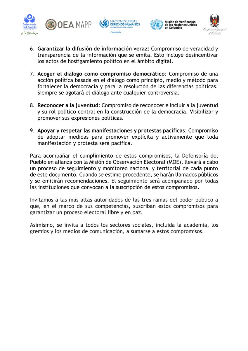 🔵 #Atención | La <a href="/DefensoriaCol/">Defensoría del Pueblo</a> con el acompañamiento de <a href="/MisionONUCol/">Misión de la ONU en Colombia</a> <a href="/ONUHumanRights/">ONU Derechos Humanos Colombia</a> <a href="/MAPPOEA/">MAPP/OEA</a> <a href="/episcopadocol/">Conferencia Episcopal de Colombia</a> convocamos a los partidos y movimientos políticos a suscribir los siguientes compromisos para el desarrollo del proceso electoral. 

👉 colombia.unmissions.org/compromiso-con…
