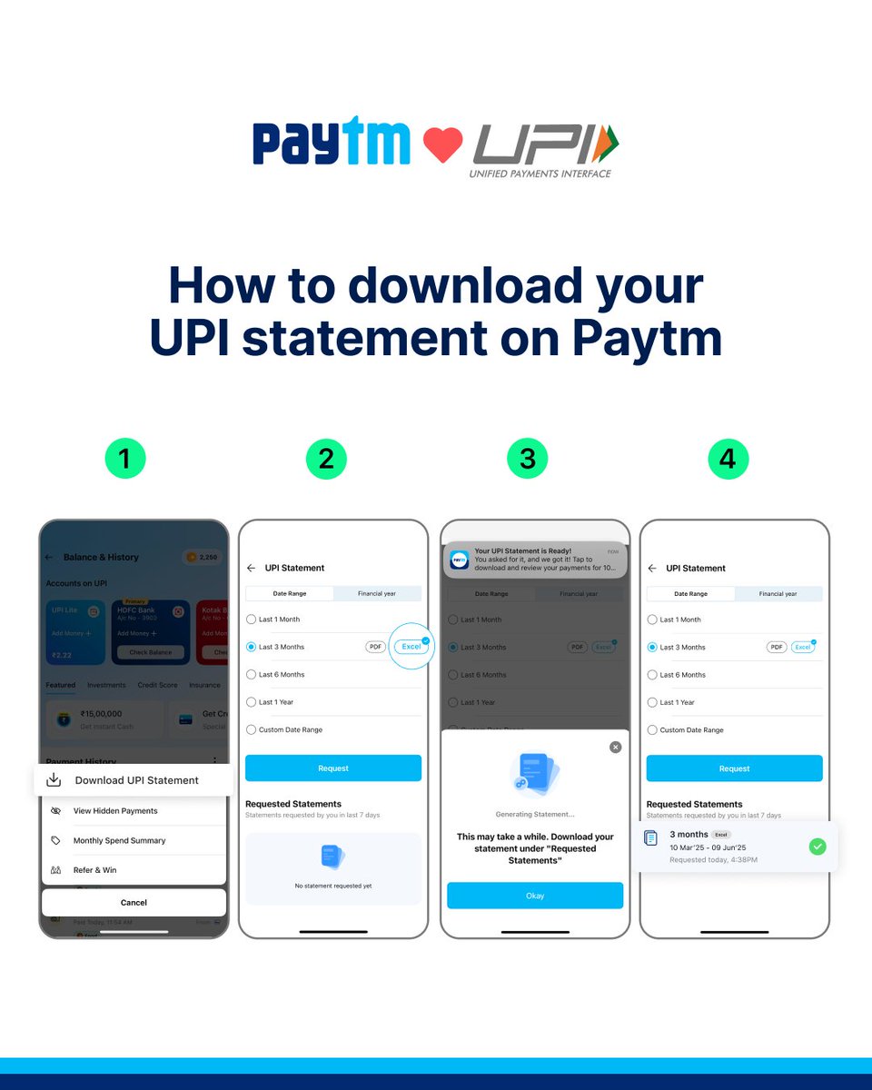 Download your UPI statement on Paytm in seconds
Get it instantly in PDF or Excel format. 📄📲

1⃣Tap Balance &amp; History on the home screen
2⃣Go to Payment History → tap menu
3⃣Select Download UPI Statement
4⃣Choose date range or financial year
5⃣Pick format (PDF/Excel) and tap